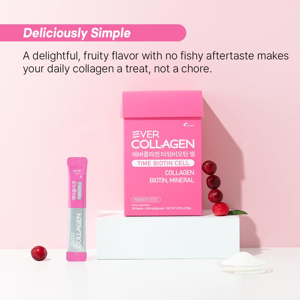 Ever Collagen Time Time Biotin Cell Low Molecular Weight Marine Collagen Peptides Powder Supplement, 30 Sticks