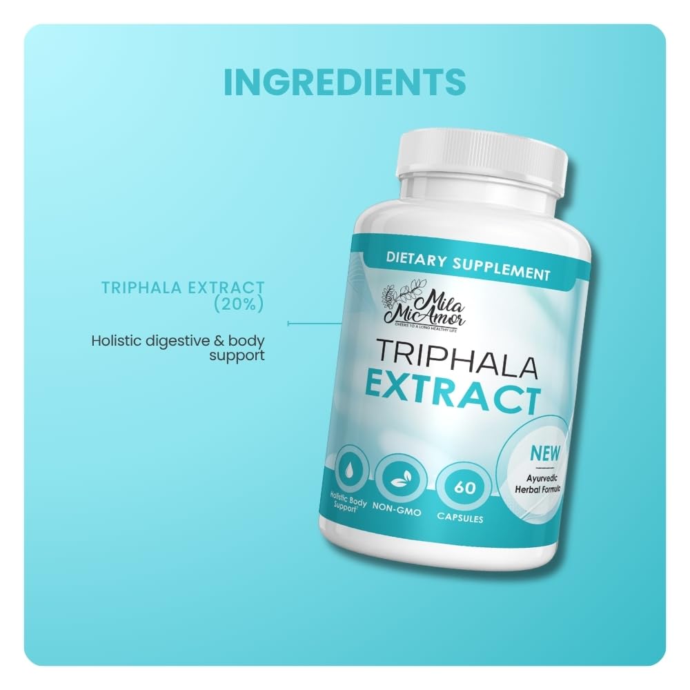 Mila Miamor Triphala Extract Capsules 750mg - Digestive Support, Gut Health and Colon Function - Ayurvedic Herbal Supplement with Amla, Harad and Bahera - Vegan, Non-GMO, Made in USA - 60 Capsules