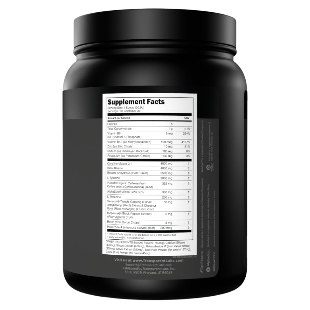 Transparent Labs Bulk Black Pre Workout Powder, Black Cherry, 30 Servings