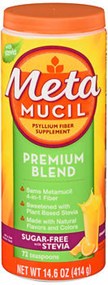 Metamucil Premium Blend Psyllium Fiber Powder Sugar-Free with Stevia Orange, 14.6 oz