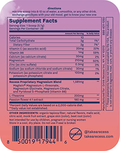 Recess Mood Powder Magnesium L-Threonate Blend with Passion Flower, L-Theanine, Electrolytes, Magnesium Calm Support - Gradient Berry, 5.6 oz