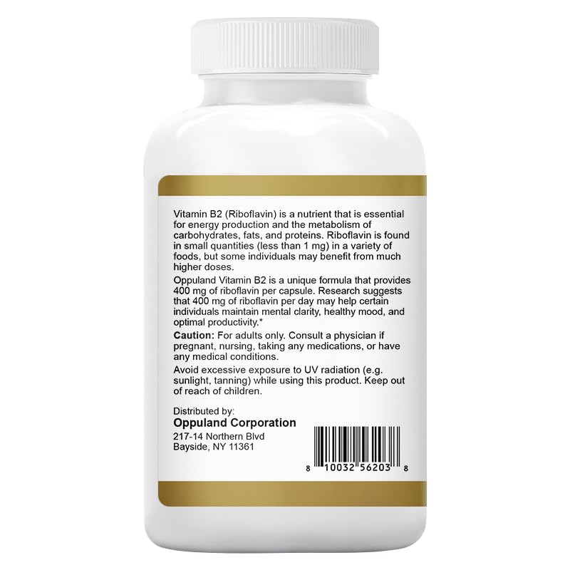 Oppuland Riboflavin Vitamin B2 Supplement 400 mg Capsules, 240 Count
