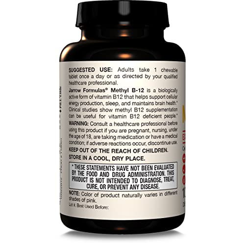 Jarrow Formulas Methyl Vitamin B-12 1000 mcg, 100 Chewable Tablets, Lemon Flavored- Bioactive B12 Vitamin - Supports Cellular Energy Production, Brain Health & Metabolism - 100 Servings