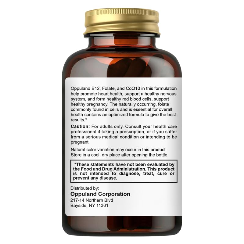 oppuland Activated Folate-L 5-MTHF DFE Supplement - Methylfolate B9 MTHF with Vitamin B12, CoQ10, & Red Raspberry - Methylated L-Methylfolate for Men and Women - 500 mcg, 90 Capsules