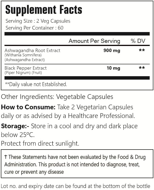 VitaCosmoX Ashwagandha Root Extract 900 mg with Black Pepper Extract 10 mg Per Serving, 120 Vegetarian Capsules
