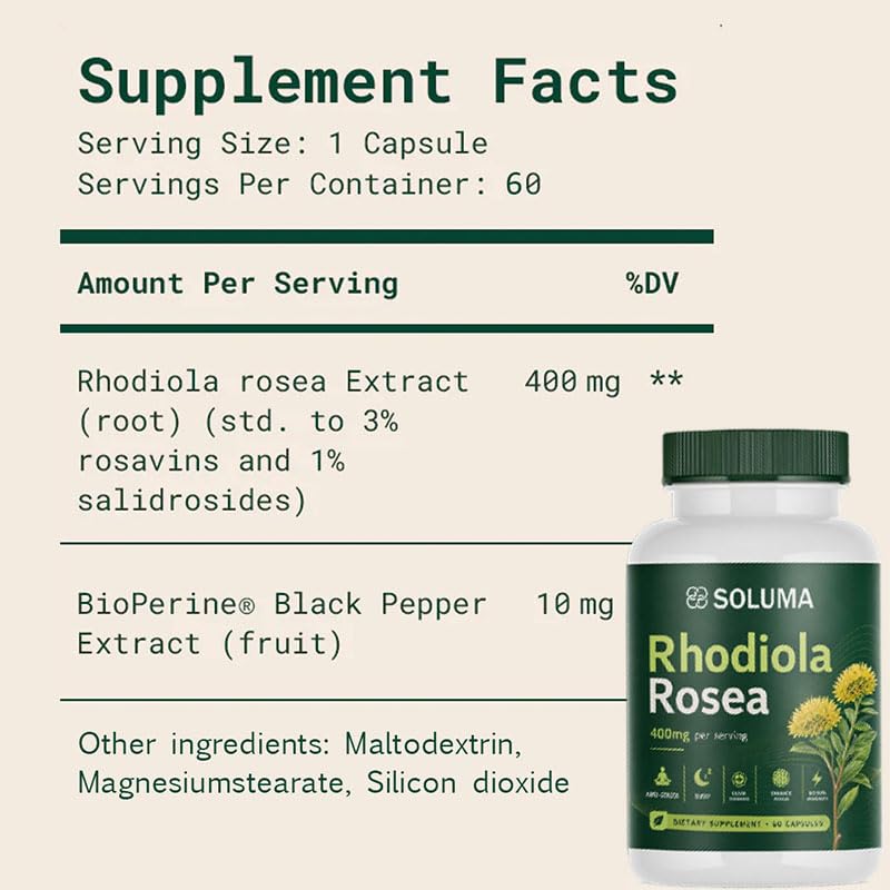 Soluma Rhodiola Rosea Organic Adaptogen Supplement with Bioperine, Energy, Stress & Mental Focus Support, 60 Capsules