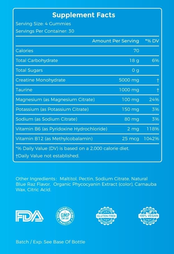 Danamays Creatine Monohydrate Gummies with Taurine & Mg/K/Na Electrolytes, Sugar Free, 120 Gummies