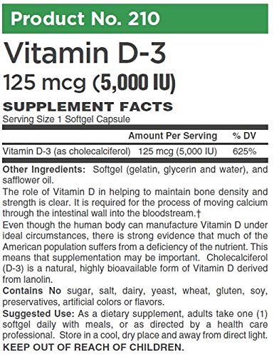 AlchePharma Vitamin D-3 125 mcg (5,000 IU) from Lanolin in a Base of Safflower Oil Softgel, 250 Soft Gels