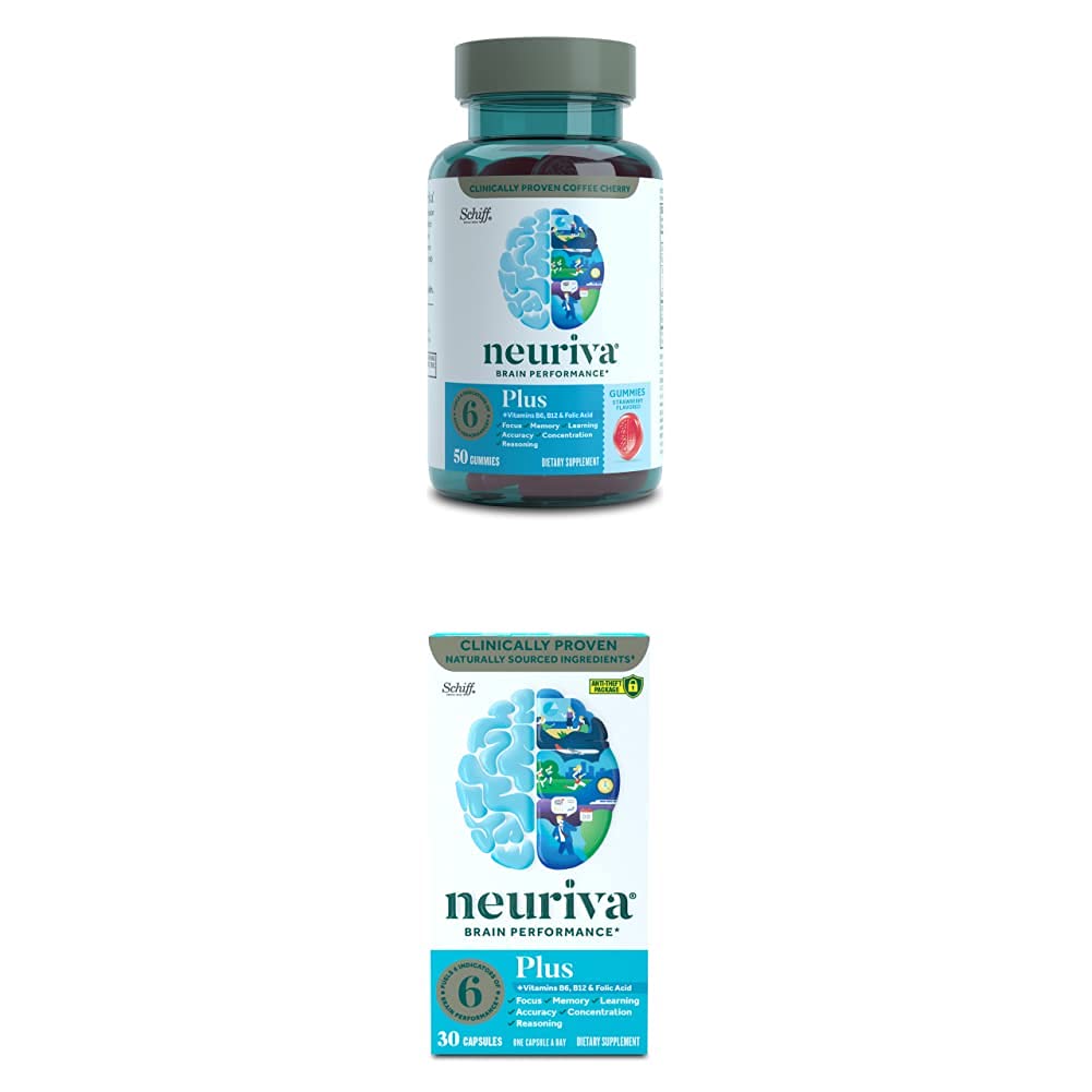 NEURIVA Nootropic Brain Support Supplement - Plus Gummies, 50-Count Bottle; Capsules, 30-Count Box