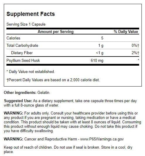 Swanson Psyllium Husks 610 mg Capsules, 100 Count