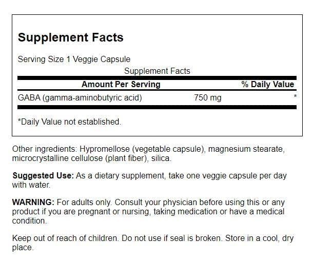Swanson Amino Acid Maximum Strength GABA 750 mg Capsules, 60 Count