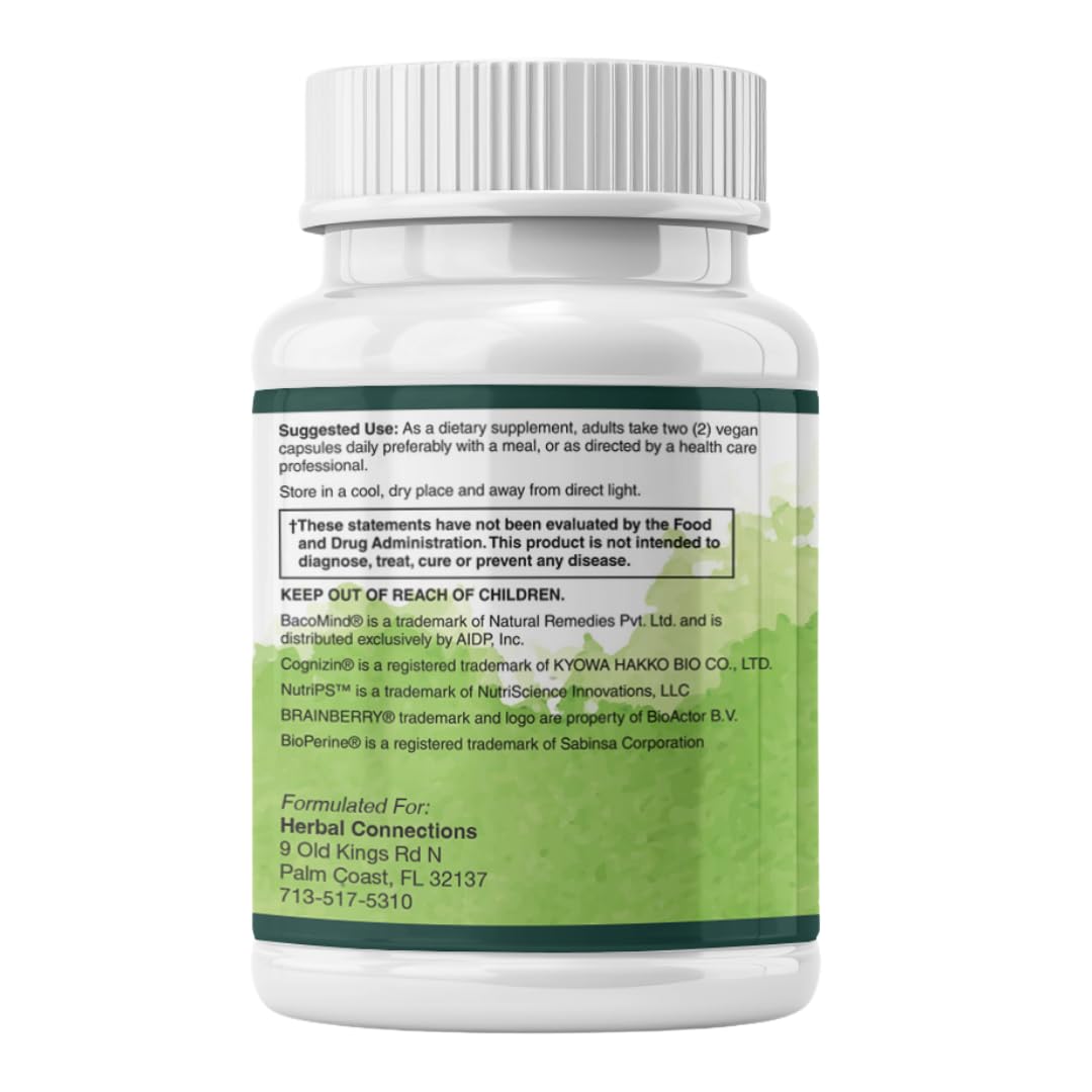 Herbal Connections Advanced Brain Support – Cognitive Function & Memory Booster for Adults Brain Health Supplement with Bacopa Monnieri, Ginkgo & B-Vitamins Non-GMO Gluten-Free Capsules, 30