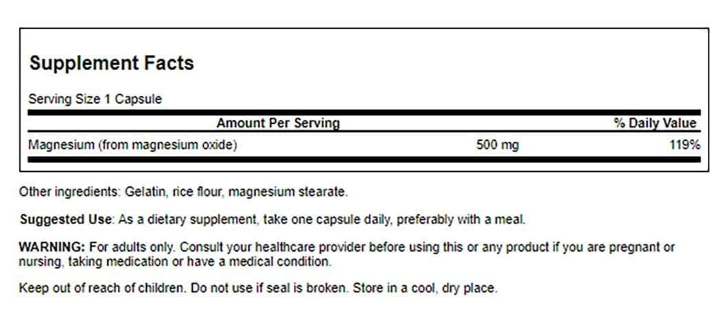 Swanson Magnesium Oxide 500 mg Capsule, 100 Count