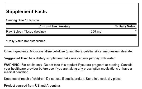 Swanson Raw Spleen Glandular 200 Milligrams Capsules, 60 Count