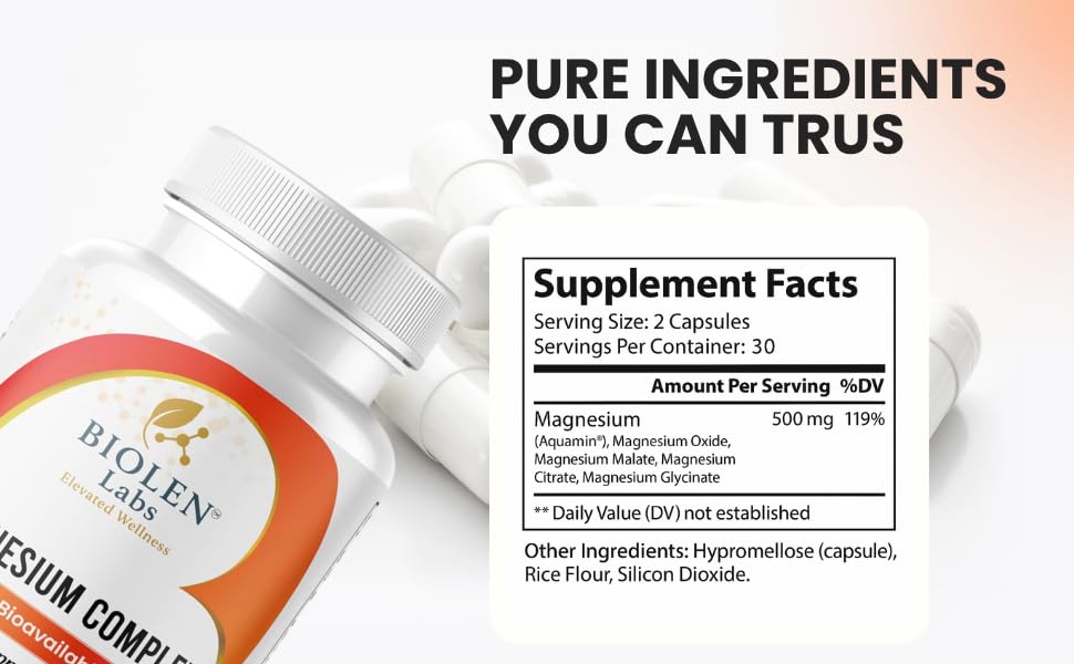 Biolen Labs Elevated Wellness Magnesium Complex Max Bioavailability Formula for Energy, Recovery, Relaxation, 60 Capsules
