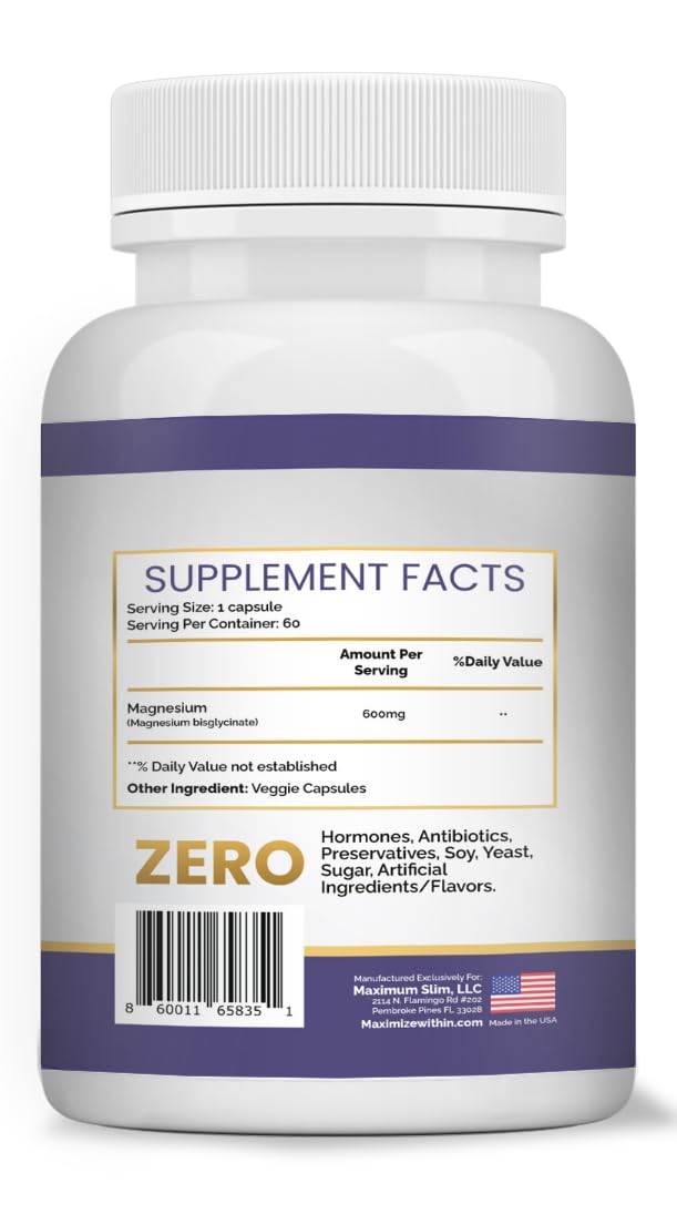 Maximize Within Magnesium Extra Strength Supplement 600mg Magnesium Glycinate Capsule, 60 Capsules