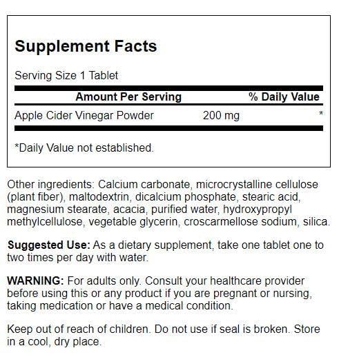 Swanson Double-Strength Apple Cider Vinegar 200 mg Tablet, 30 Count