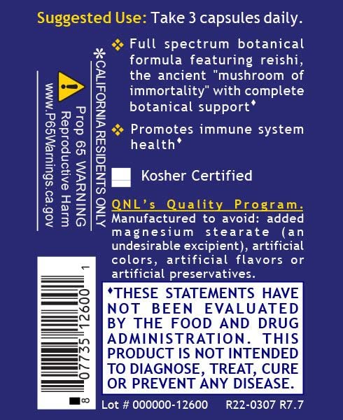 Quantum Nutrition Reishi Mushroom Supplement Capsules 90 Count