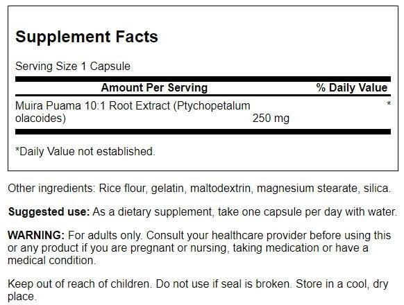 Swanson Muira Puama (10:1) 250 Milligrams Capsules, 60 Count