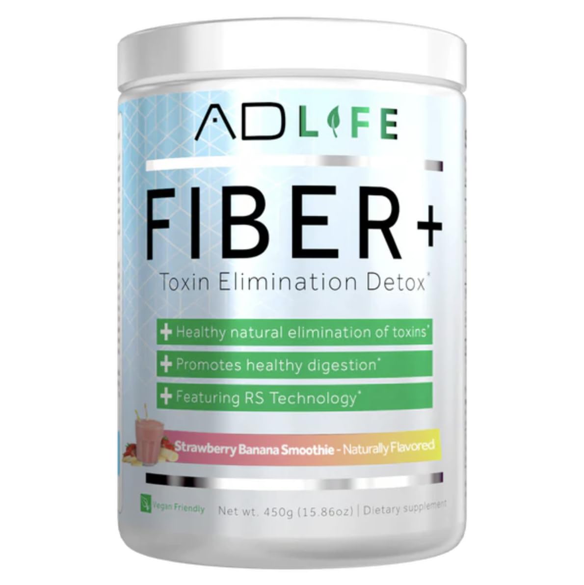 AD LIFE Fiber+ Vegan Fiber Supplement Powder, Strawberry Banana, 16.4 oz