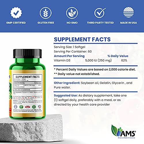 America Medic & Science Xtra D3 Vitamin D 5,000 IU (125 mcg) Cholecalciferol Supplement, 60 Softgels