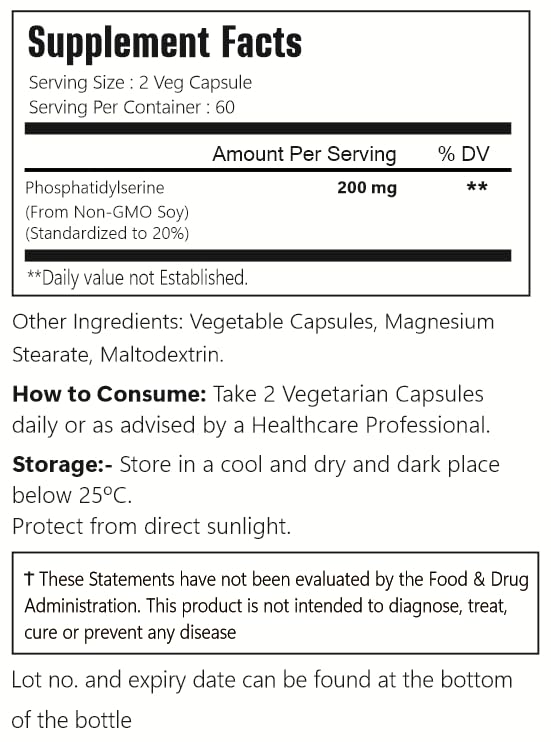VitaCosmoX Phosphatidylserine, 200 mg Veggie Capsules, 120 Count