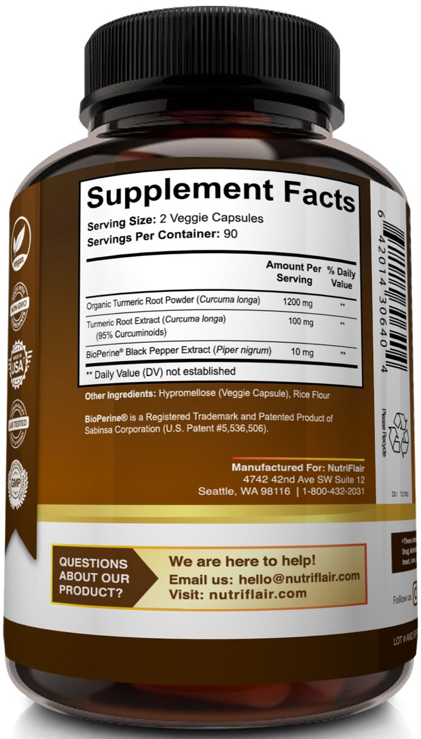 NutriFlair Turmeric Curcumin with BioPerine 1300mg, 180 Capsules