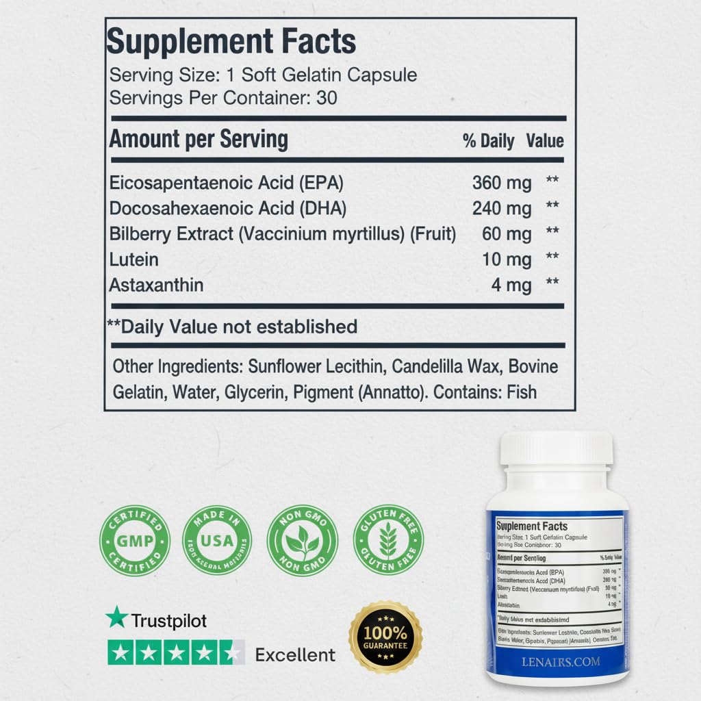 LENAIRS Tired & Dry Eye Relief Capsule Omega-3 EPA DHA, Lutein, Astaxanthin & Bilberry for Eye Comfort & Screen Use Support 30 Count