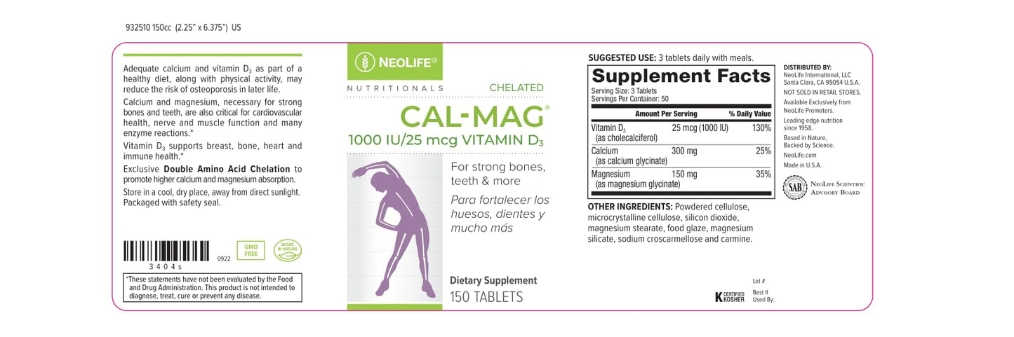 NeoLife Chelated Cal-Mag Tablets with 1000 IU Vitamin D3, 150 Tablets