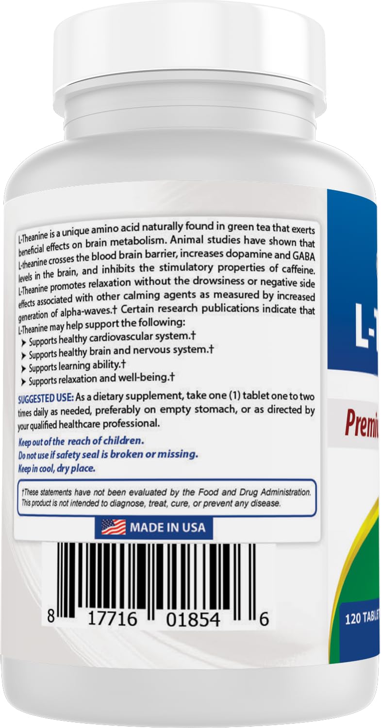 Best Naturals L-Theanine 200mg per Tablet (400mg per 2 Tablets) - Promotes Relaxation Without Drowsiness - 120 Vegetarian Tablets