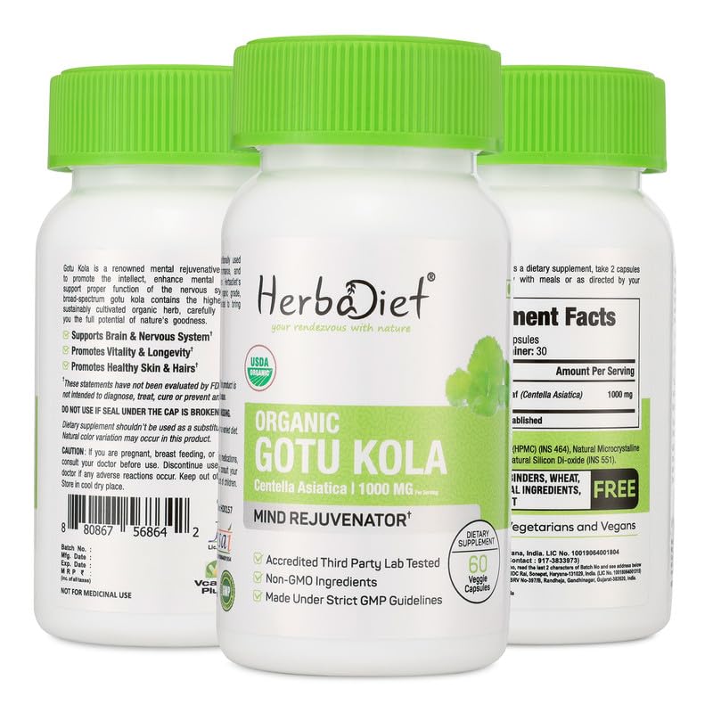 Herbadiet Organic Centella Asiatica Gotu Kola Brahmi Capsules, 120 Count