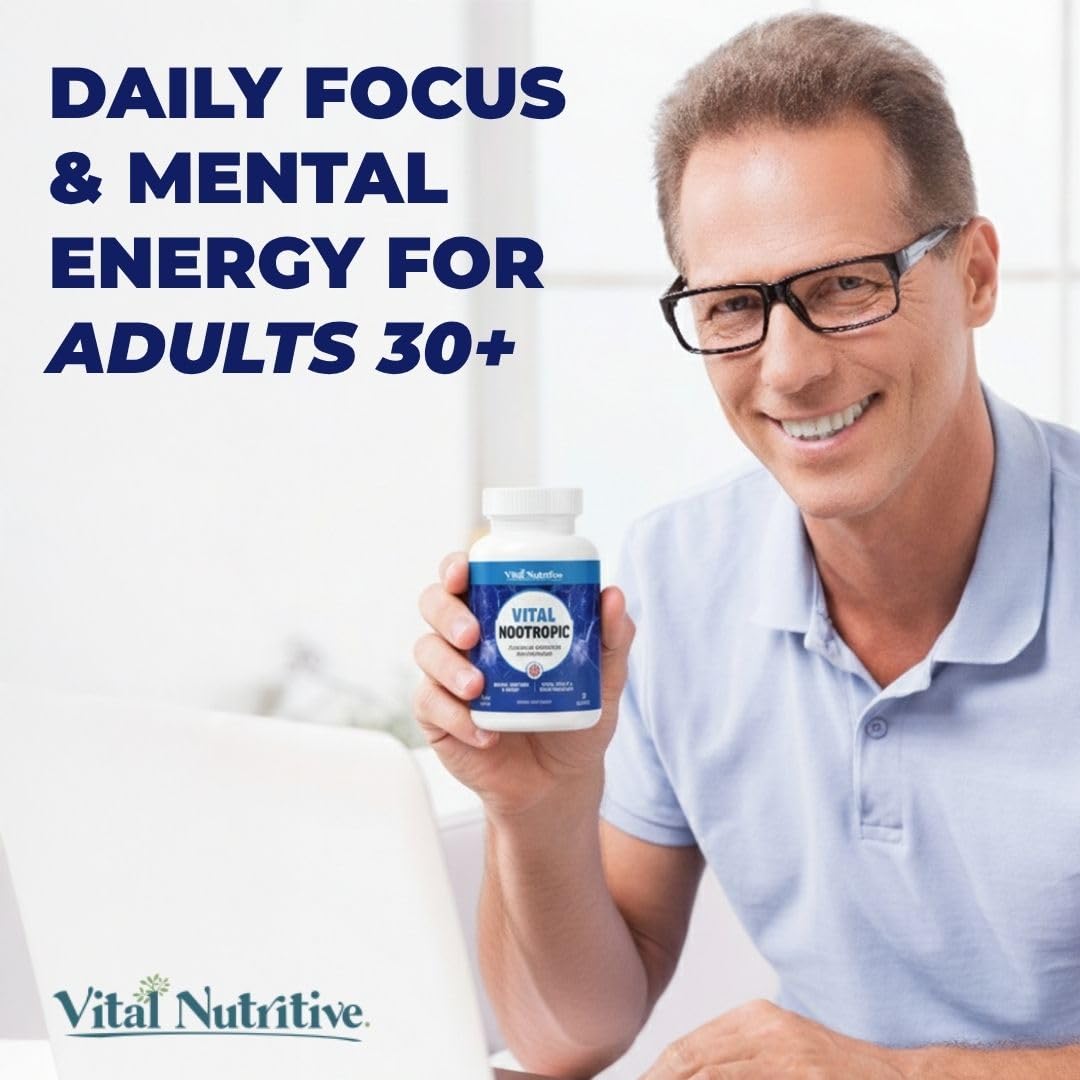 VITAL NUTRITIVE Vital Nootropic 12-in-1 Brain Supplement for Memory, Focus & Energy Support – L-Tyrosine, Bacopa, Rhodiola, Caffeine, B Vitamins – Cognitive Balance Capsules, 30 Count