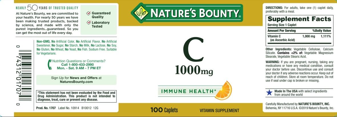 Nature's Bounty Pure Vitamin C-1000 mg Caplets, 500 Count