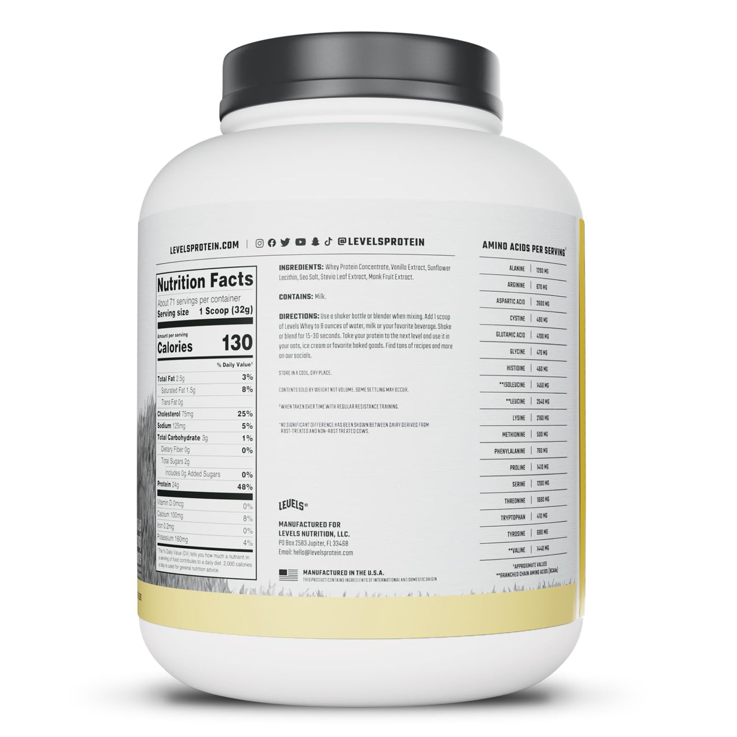 Levels Nutrition Grass-Fed Whey Protein Powder Vanilla Bean, 5 lb, 80 Servings