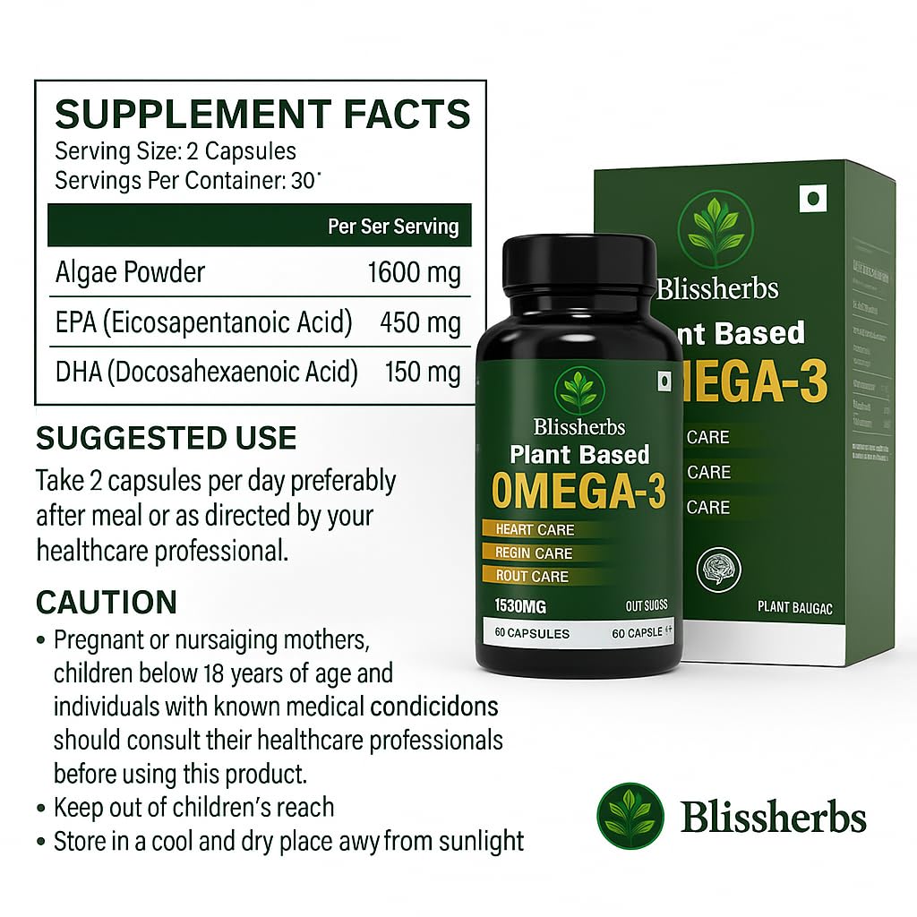 Blissherbs Plant Based Omega-3 Capsules Algae Oil with 450 mg EPA & 150 mg DHA, Vegetarian Omega-3, No Fish Oil, 60 Capsules