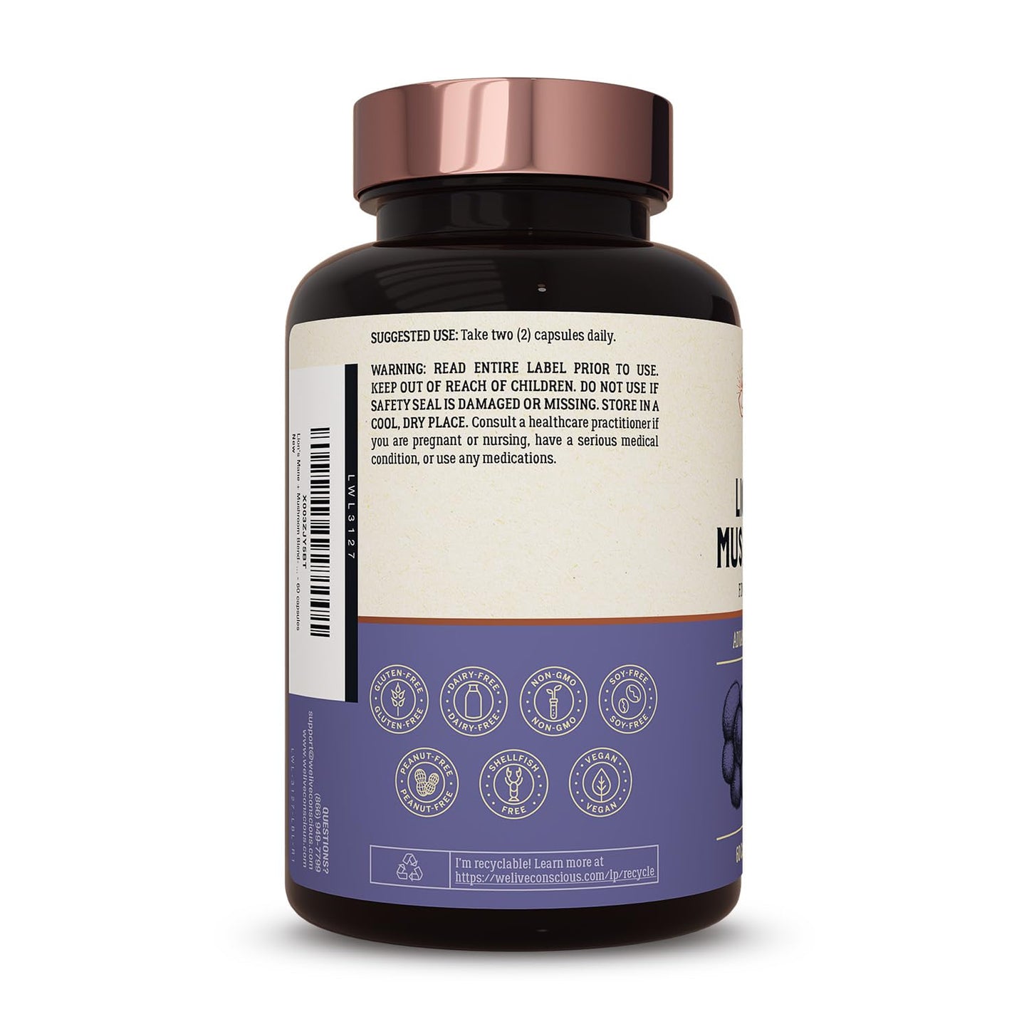 Live Conscious Lions Mane Mushroom Supplement Capsule, 60 Count