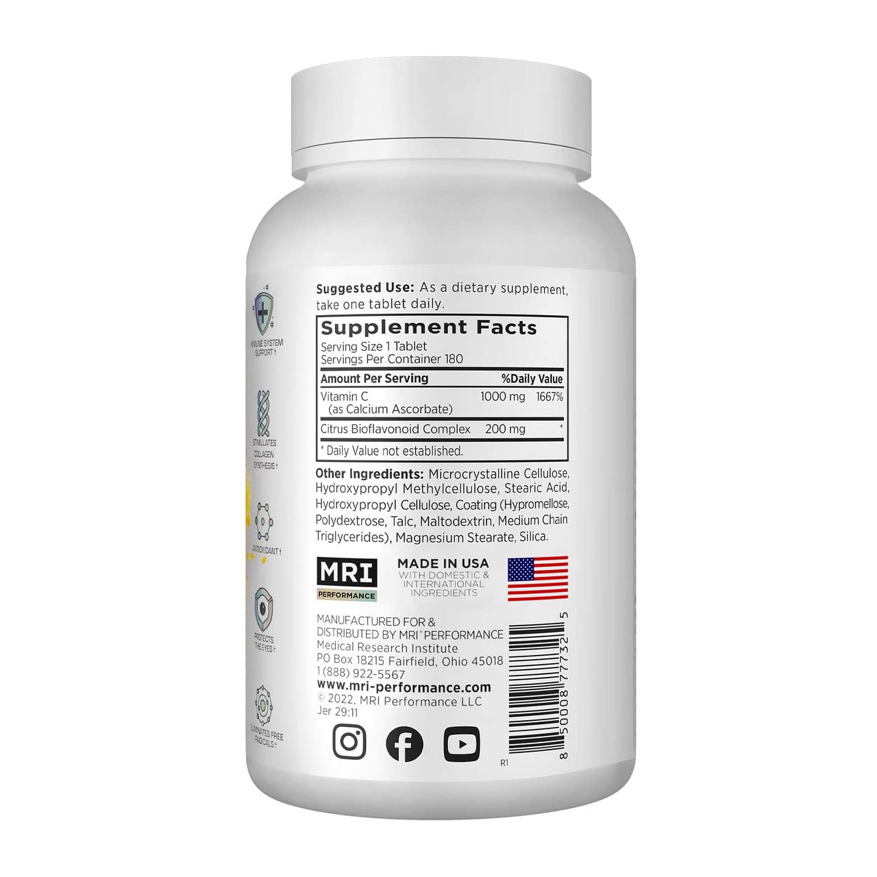 MRI Vitamin C 1000mg, Immune & Skin Support, Bioflavonoids, 180 Tablets