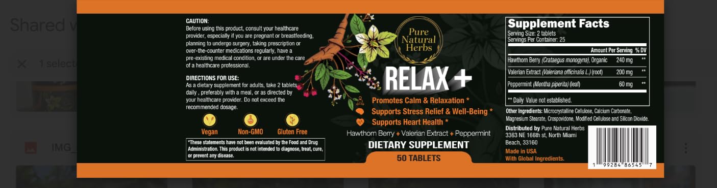 Pure Natural Herbs Valerian Hawthorn & Peppermint Tablets, 50 Count