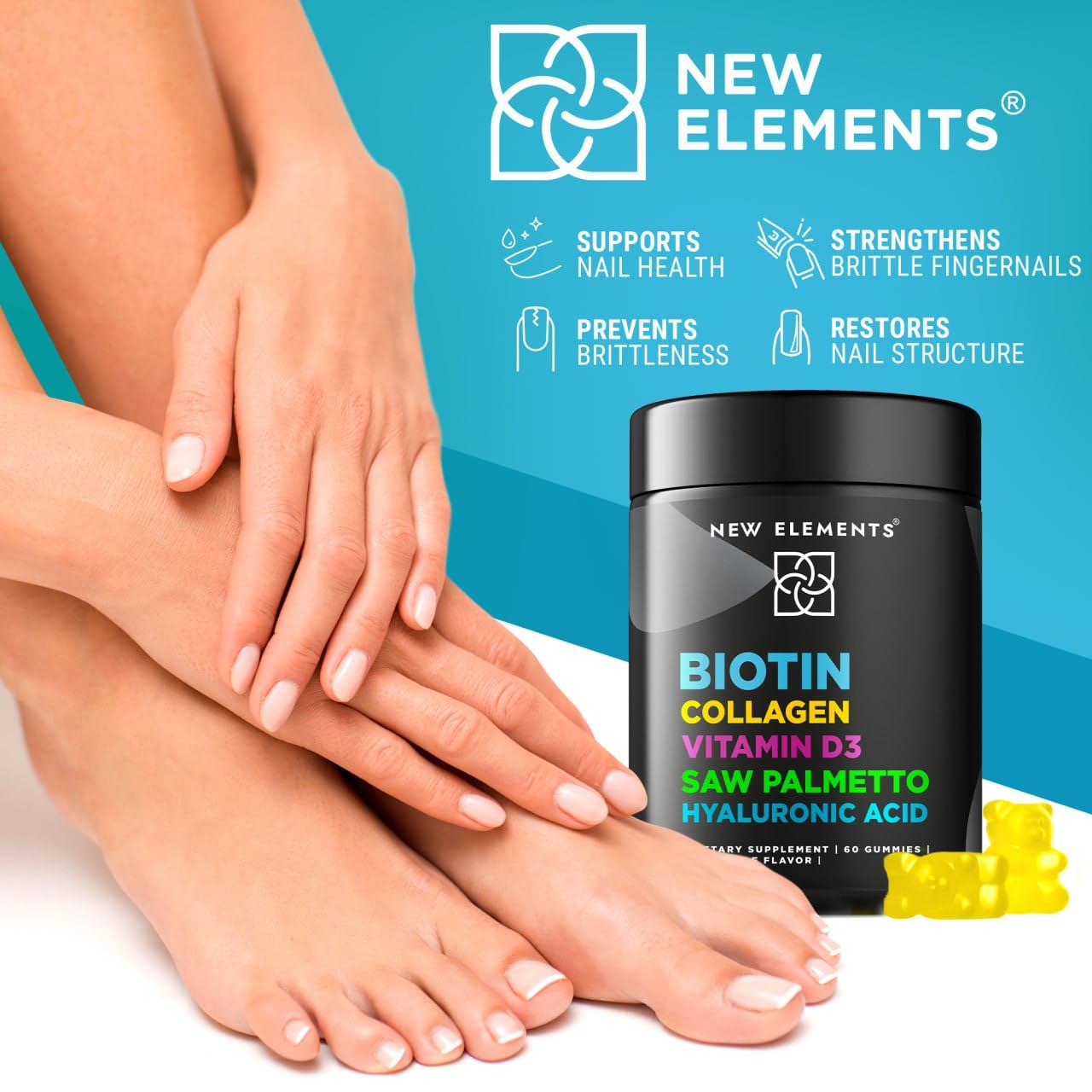 New Elements Biotin Gummies with Collagen Vitamin D3 Saw Palmetto & Hyaluronic Acid, 60 Count