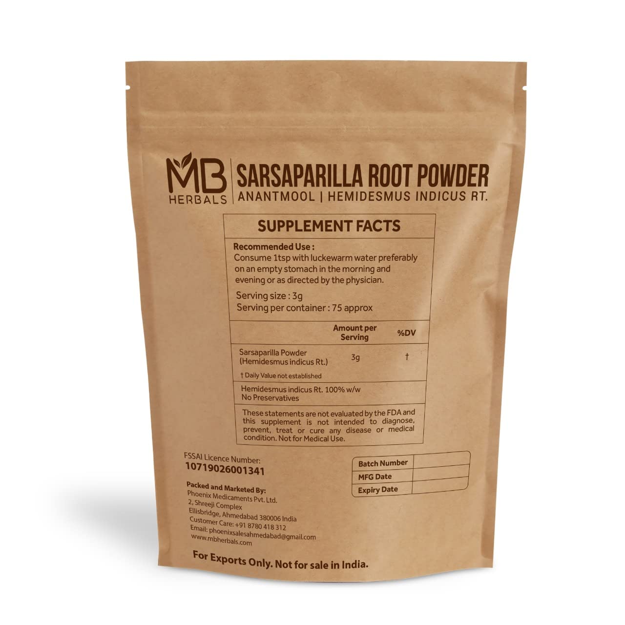 MB Herbals Sarsaparilla Root Powder, 8 oz