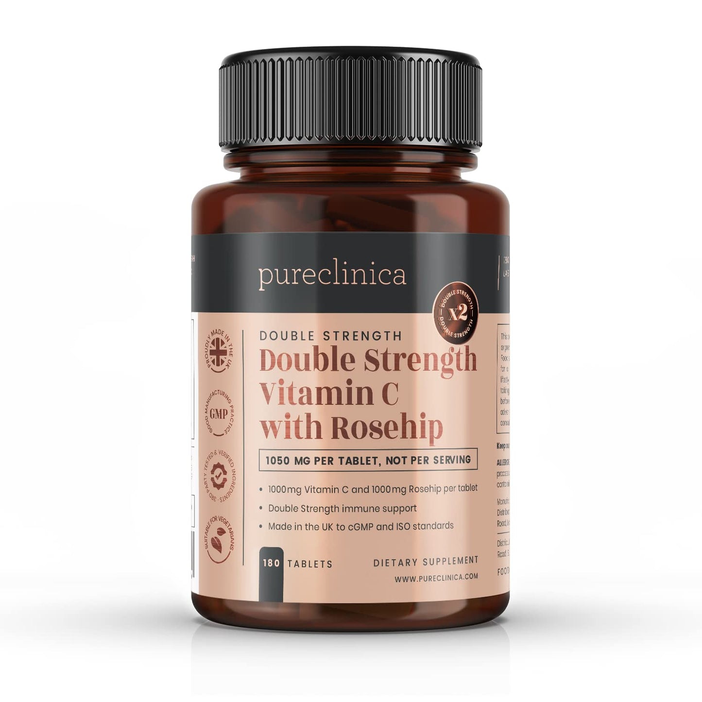 Pureclinica Vitamin C with Rosehip – 2000mg (1000mg VIT C & 1000mg Rosehip Extract) x 180 Tablets