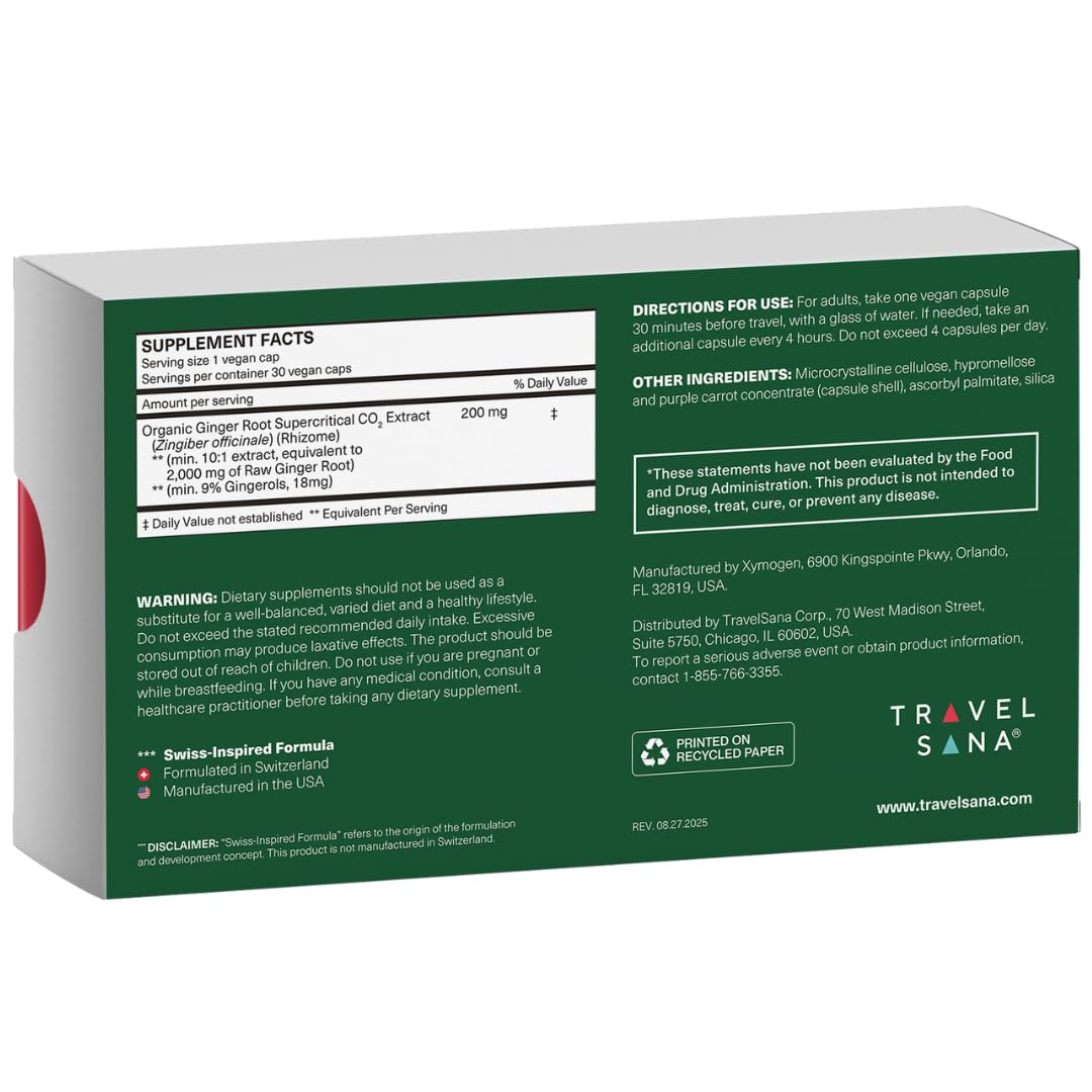 TRAVELSANA Organic Ginger Supplement Capsule 30 Count