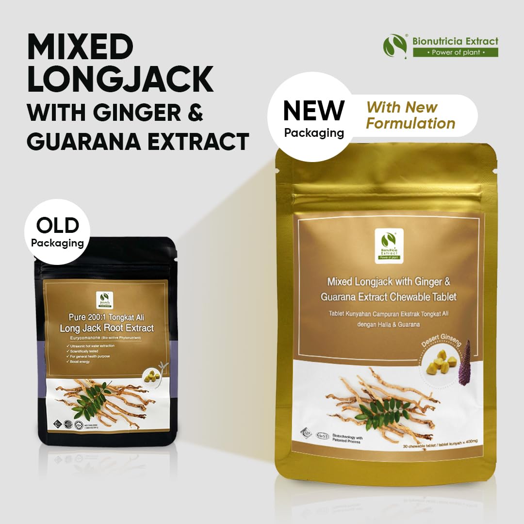 BIONUTRICIA EXTRACT Longjack Tongkat Ali Extract 200:1 - Testosterone, Energy & Endurance Booster with Ginger & Guarana (400mg), Vegan, Non-GMO & No Filler, 30 Chewable Tablets