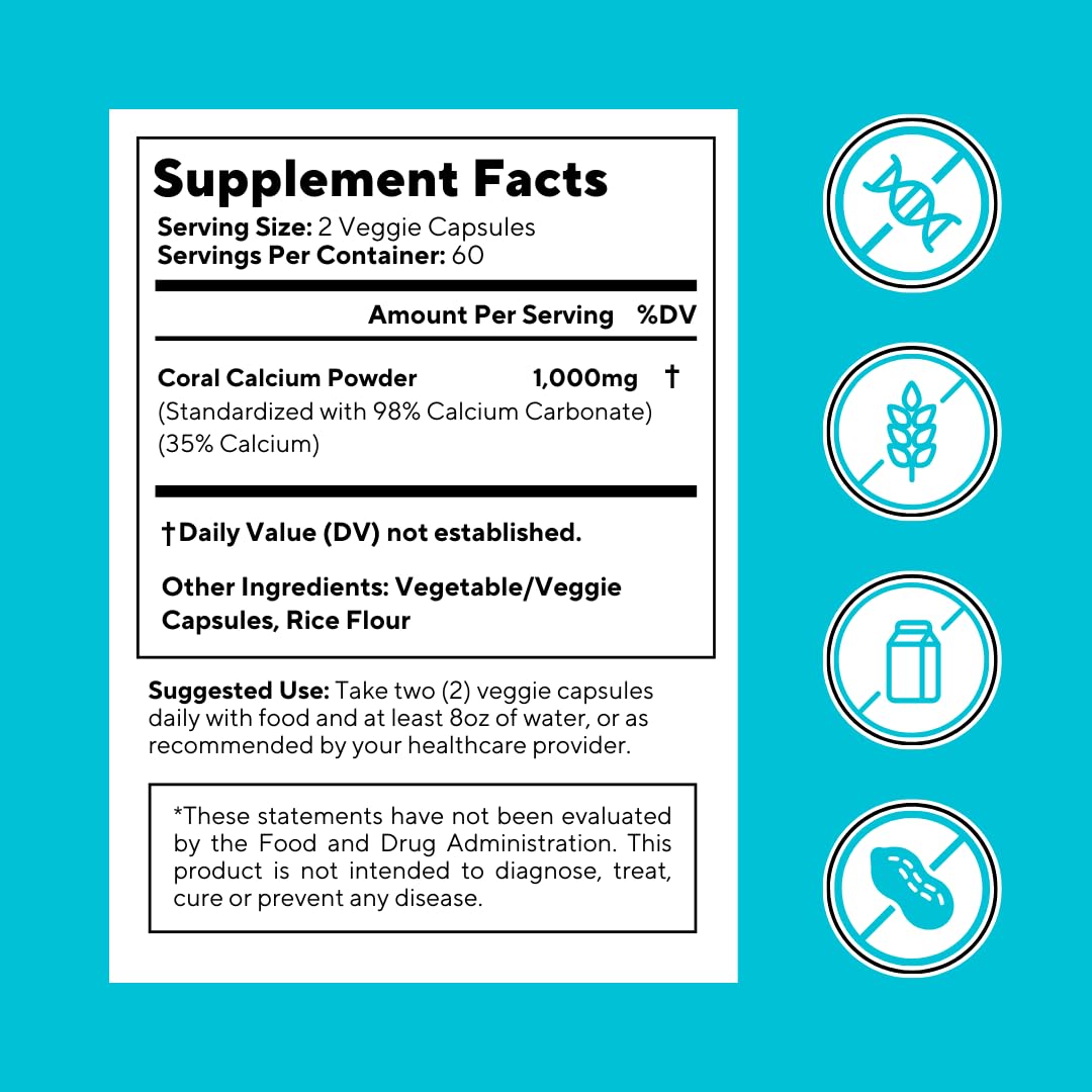 Vitapia Coral Calcium Powder 1000mg Capsules, 120 Count