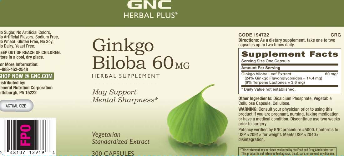 GNC Herbal Plus Ginkgo Biloba 60mg Capsule, 300 Count