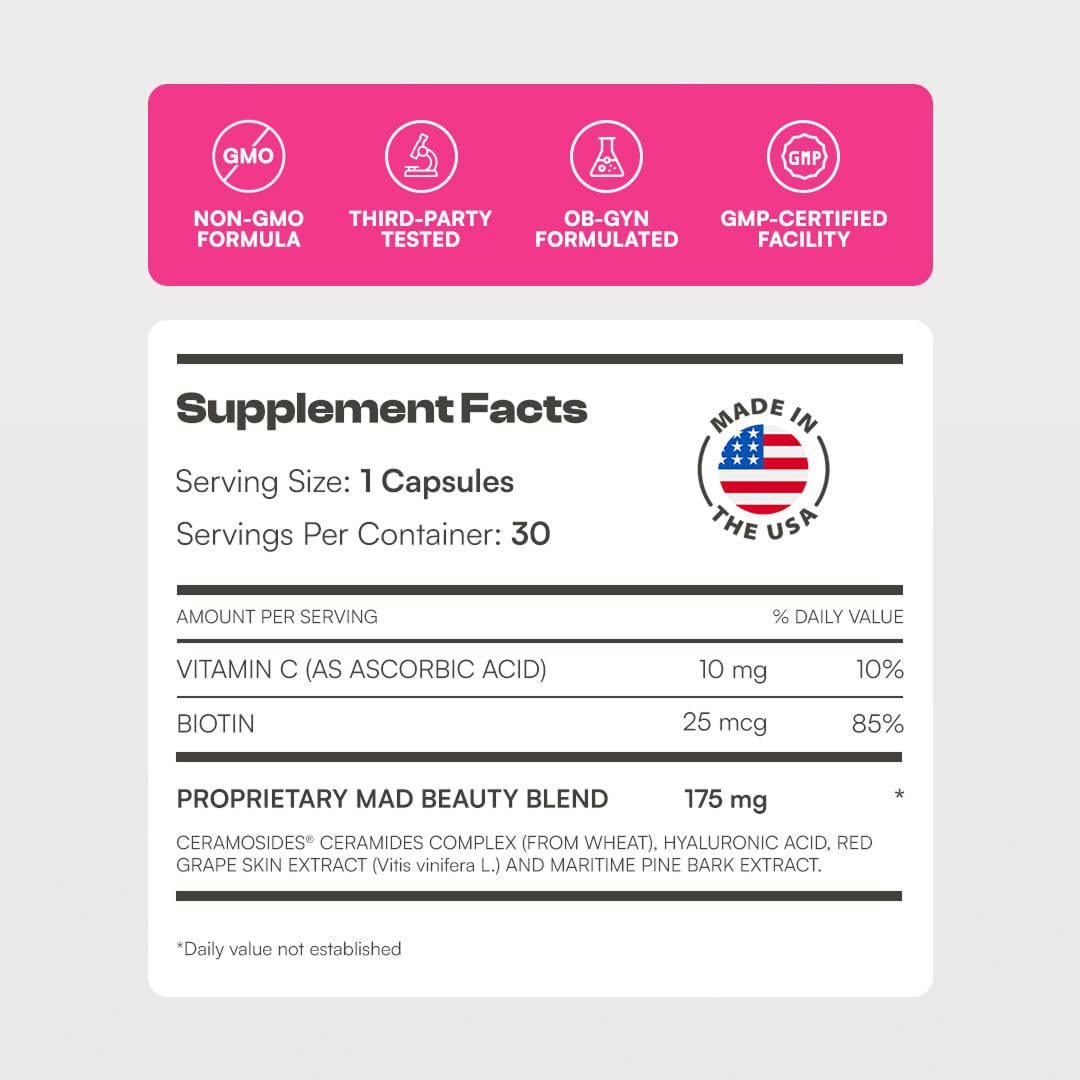 Mad Glow Hair Skin & Nails Vitamins for Women with Biotin, Hyaluronic Acid & Vitamin C Capsules, 30 Count