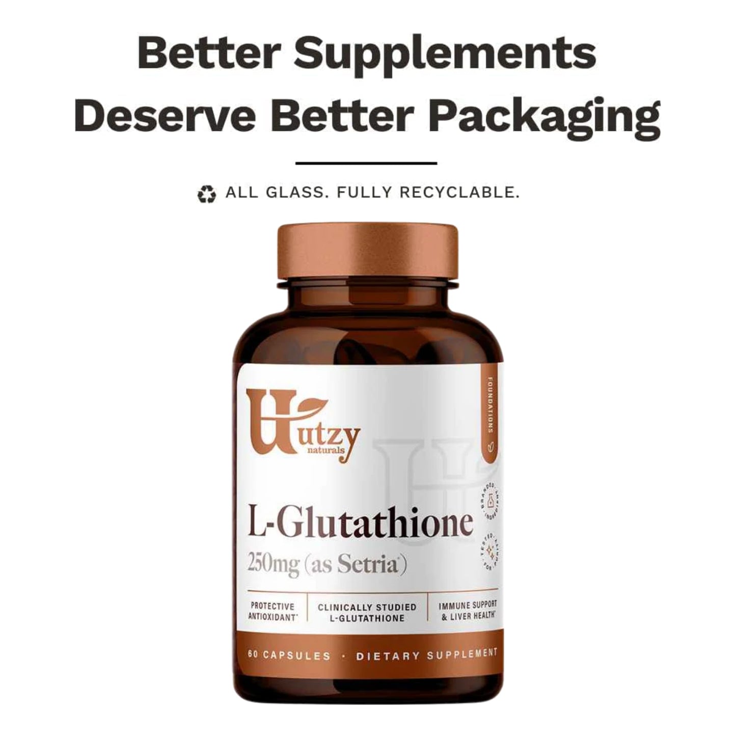 Utzy Naturals Glutathione 250 mg Setria Reduced L-Glutathione, 60 Capsules