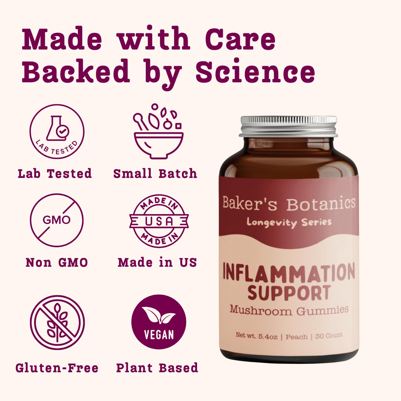 Baker's Botanics Longevity & Anti-Inflammatory Mushroom Gummies – Chaga, Maitake, Turmeric & Astragalus, 30 Count