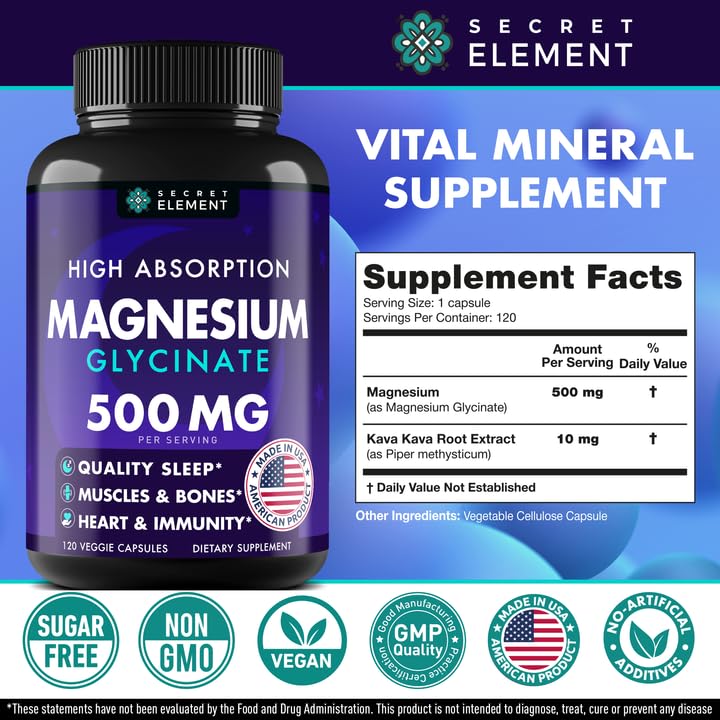 Secret Element Magnesium Glycinate 500MG Capsules, 120 Count