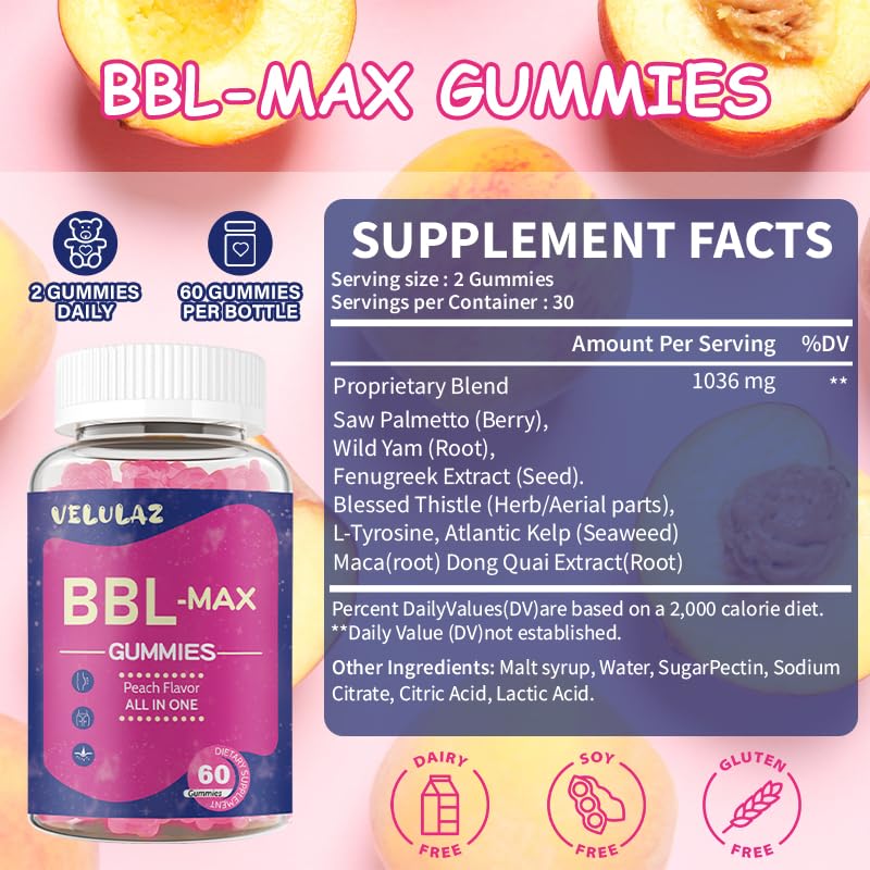 velulaz BBL Gummies for Women with Bear Shape Booty Gummies with Herbal Ingredients - Peach Flavor Gummy 60 Count